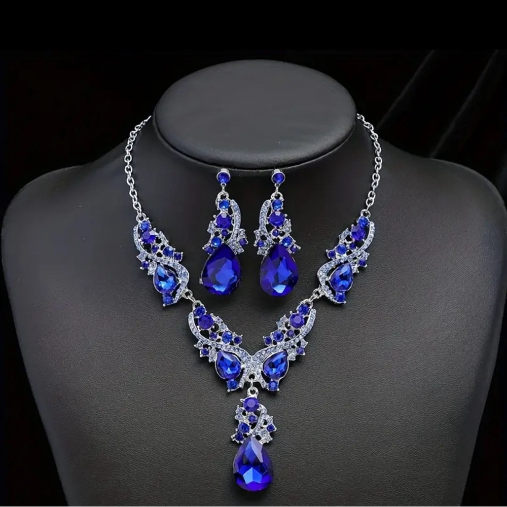 3Pcs earrings + necklace elegant jewelry set inlaid shining Gemstone blue